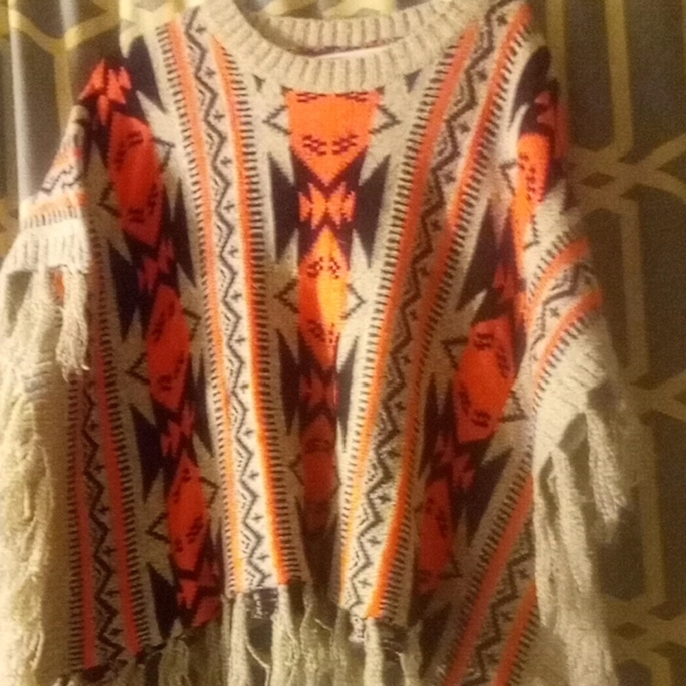 Soho Apparel Geometric Fringe Poncho - Orange and Cream